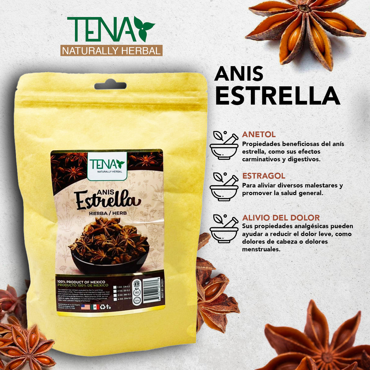 Hierba Anís Estrella 4 oz - Especia Herbal Aromática para Té, Cocina y Remedios Naturales