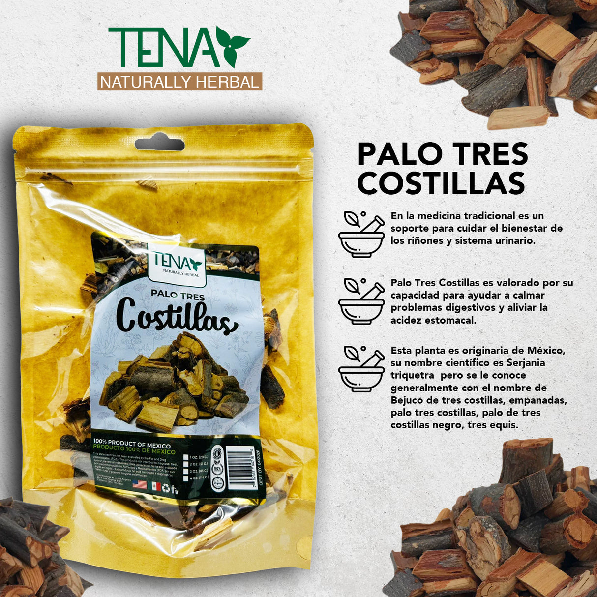 Palo de Tres Costillas 4 onzas - Infusión herbal para una vida balanceada.